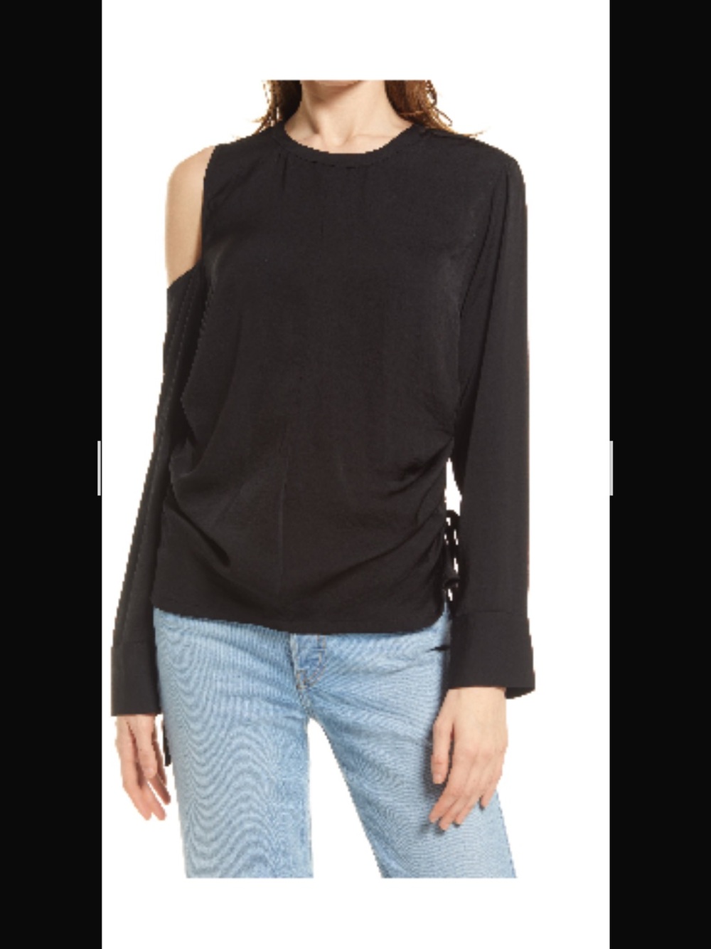 Open Edit Gathered Black Long-Sleeve Draped Satin Blouse. Women’s Medium!